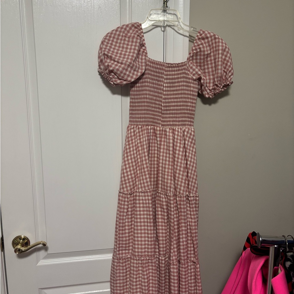 Gingham Puff Sleeve Maxi Dress - Pink- Pexioto